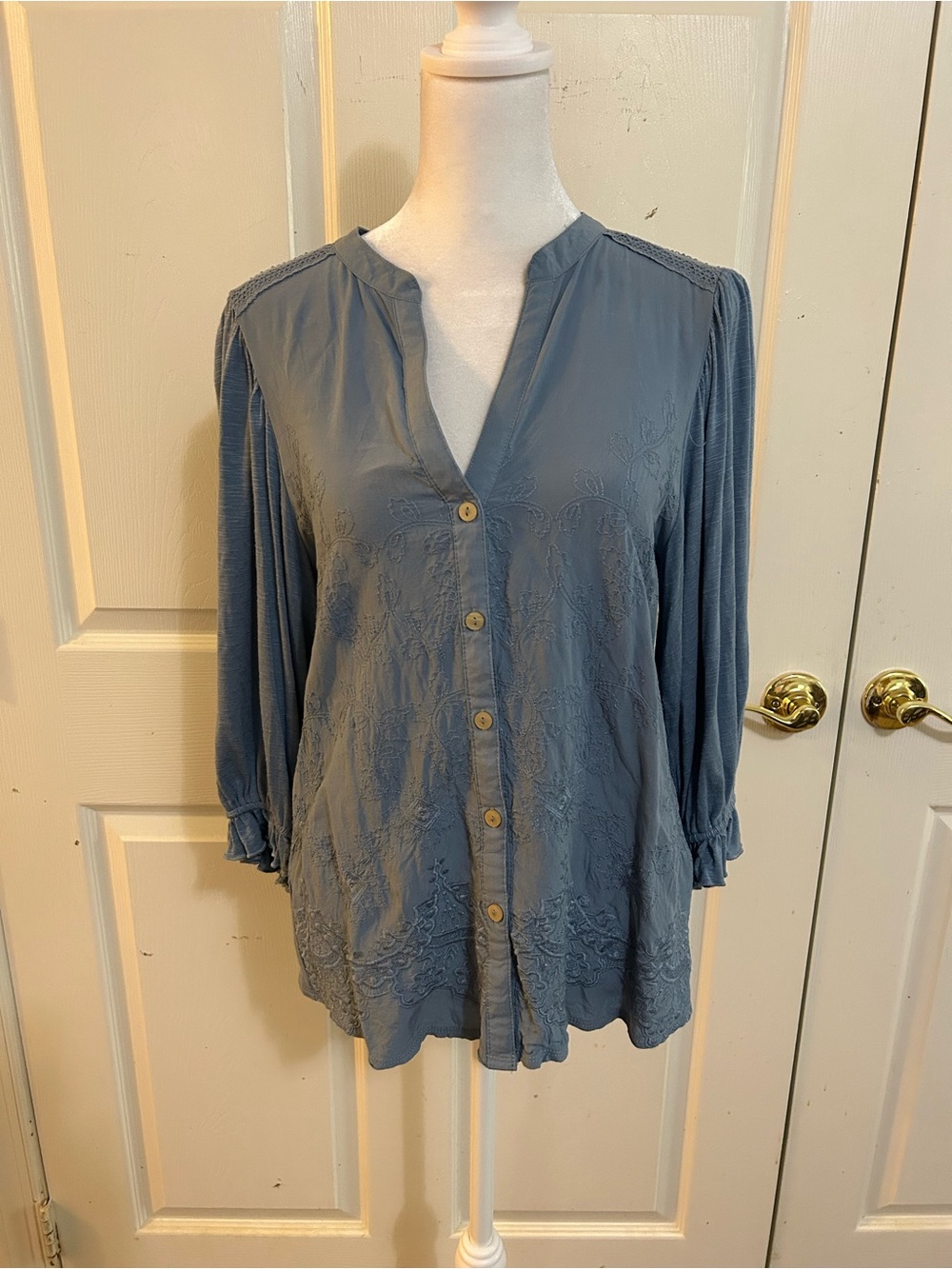 Democracy powder blue embroidered peasant top, Small